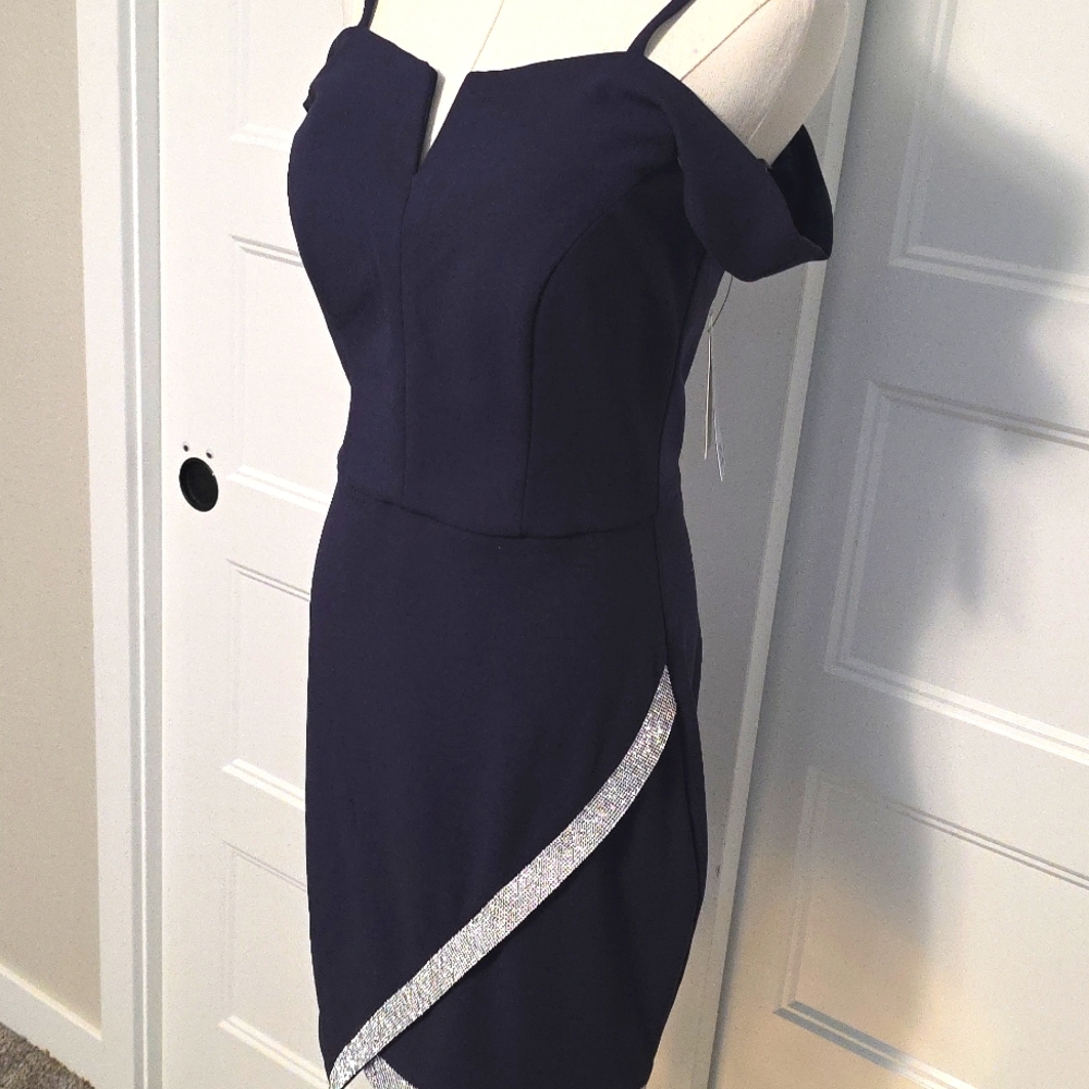 BCX Blue and Silver Asymmetrical Bodycon Cocktail Dress - Picture 4 of 6